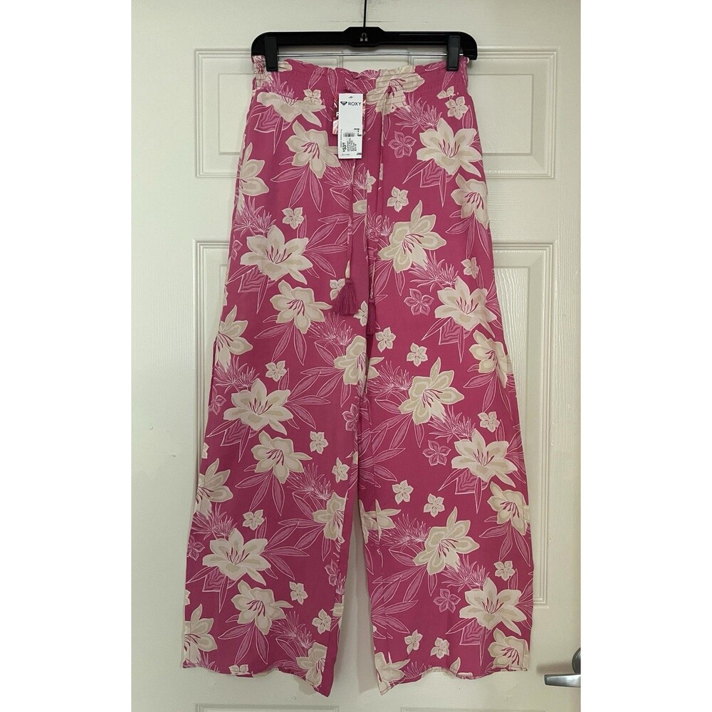 ROXY Tropical Rhythm Wide Leg Lounge Pants Pink Floral Slit Smocked NWT XS / S